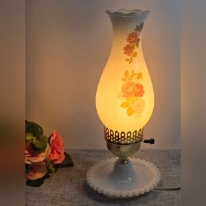 Vintage Milk Glass Pink Roses Design Table Lamp